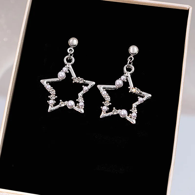 Korean Fashion Pearl Crystal Star Drop Earrings for Women Geometric Pendants Jewelry Gift