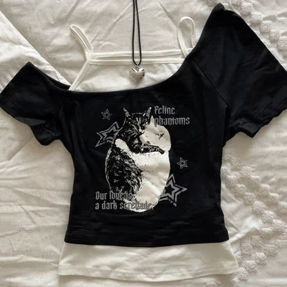 Y2k Slim Fit Print Tops Off Shoulder Short Sleeve Tee Shirt Neploe American Vintage Fake Two Piece Halter Lace Up T-shirts