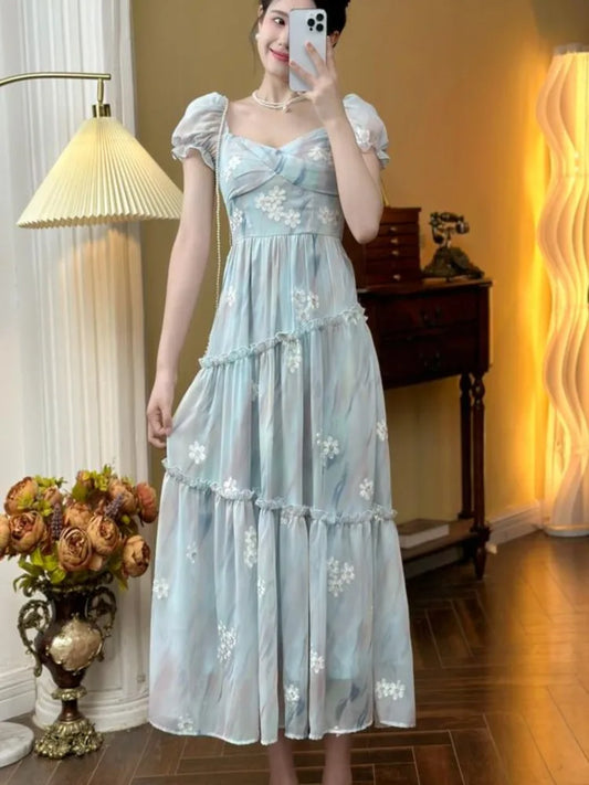 French Vintage Floral Ruffles Midi Dresses for Women Lace Square Collar Puff Sleeve Elegant Princess Birthday Party Dress New