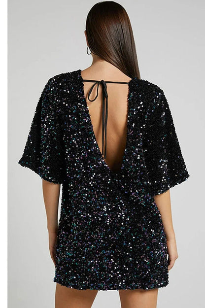Backless Short-Sleeved Loose Mini Dress with Straps