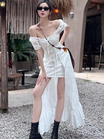 Y2K Long Dresses for Women Puff Sleeve Lace-up A-line Off Shoulder Club Party Dress Summer New Korean Chic One Piece Vestido