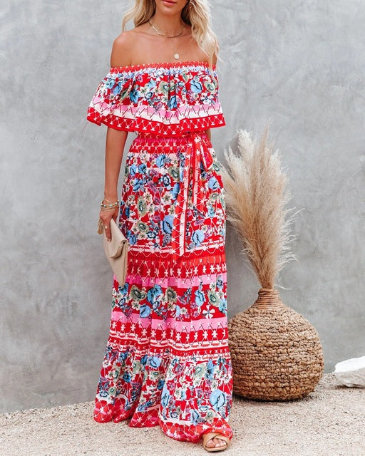 Flower Print Off Shoulder Long Dresses For Women Spring Summer New Fashion Temperament High Waist Leace-up Dress Female Vestidos