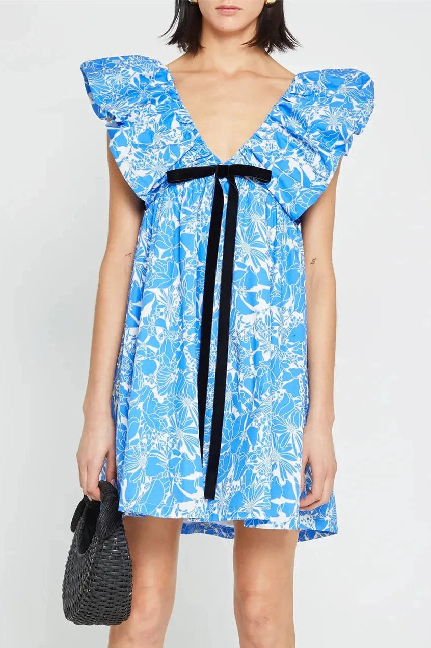 Floral V Neck Puff Sleeve Mini Dress