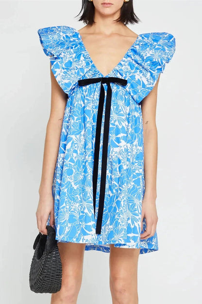 Floral V Neck Puff Sleeve Mini Dress