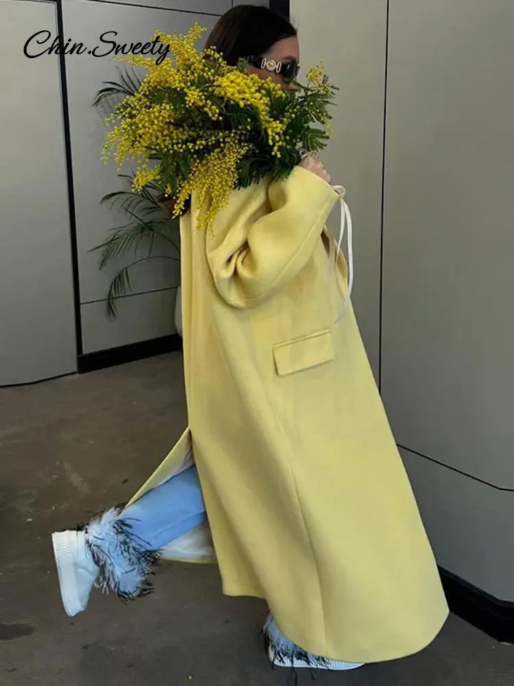 Fashion Woolen Long Coat Women  Autumn Full Sleeve Button Fake Pocket Split Yellow Overcoat Elegant Oversize New in Outwear