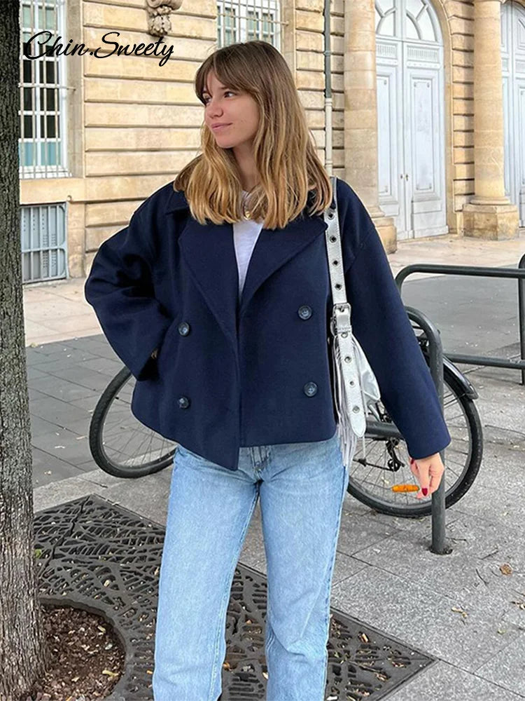 Loose Woolen Blends Coat Women Solid Lapel Double Breasted Pockets Jackets  Autumn Winter Fashion Lady Office Outwear New