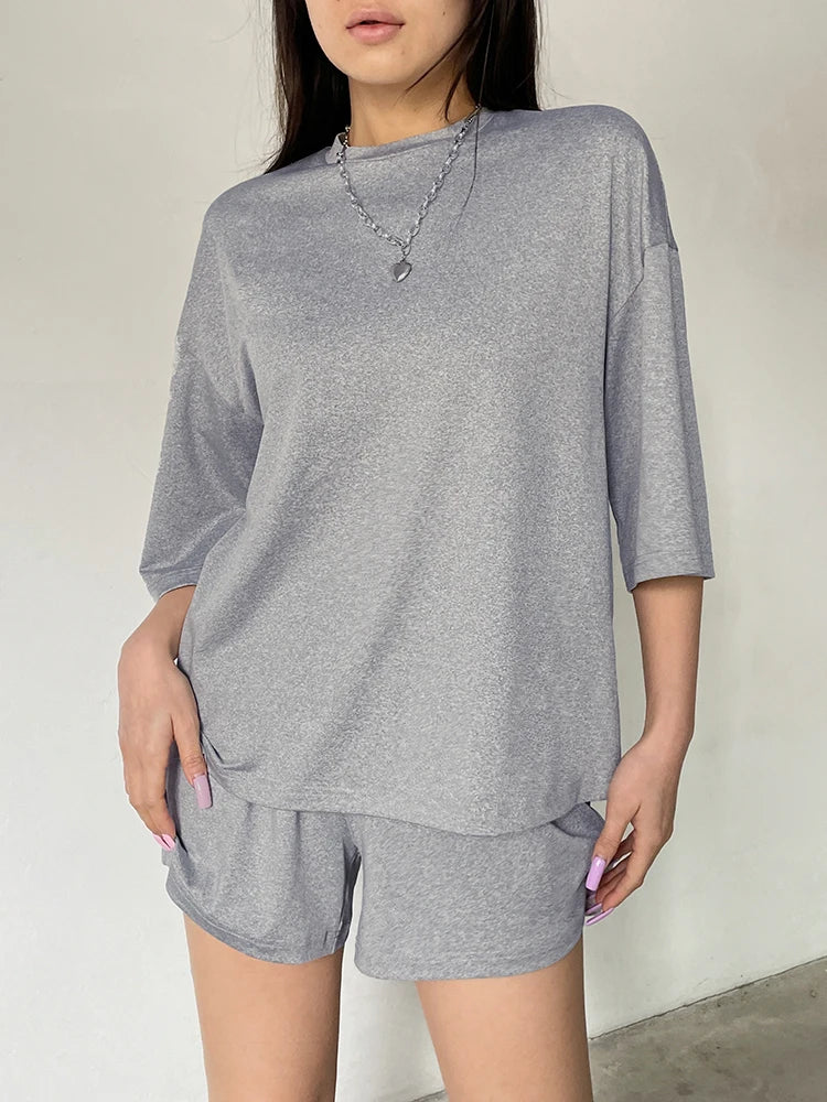 Gray Solid O Neck Loose Basic Casual Half Sleeve T Shirt And Shorts 2 Pieces Sets Women Leisure Homewear