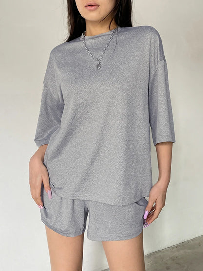 Gray Solid O Neck Loose Basic Casual Half Sleeve T Shirt And Shorts 2 Pieces Sets Women Leisure Homewear