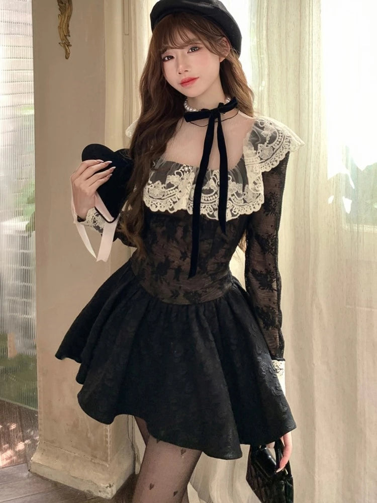 French Black Short Dresses for Women Lace Patchwork Long Sleeve A-line Birthday Party Dress Korean Fashion Mini Vestidos New