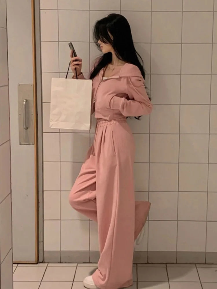 Korean Fashion Streetwear 2-piece Pants Set Women Tracksuit Autumn New Hooded Zip-up Crop Top Long Pants Casual Solid Outfits