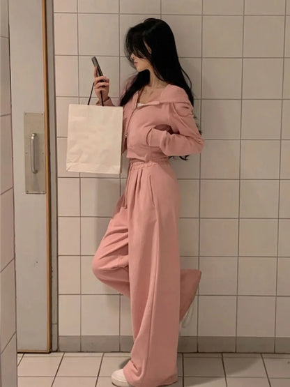 Korean Fashion Streetwear 2-piece Pants Set Women Tracksuit Autumn New Hooded Zip-up Crop Top Long Pants Casual Solid Outfits