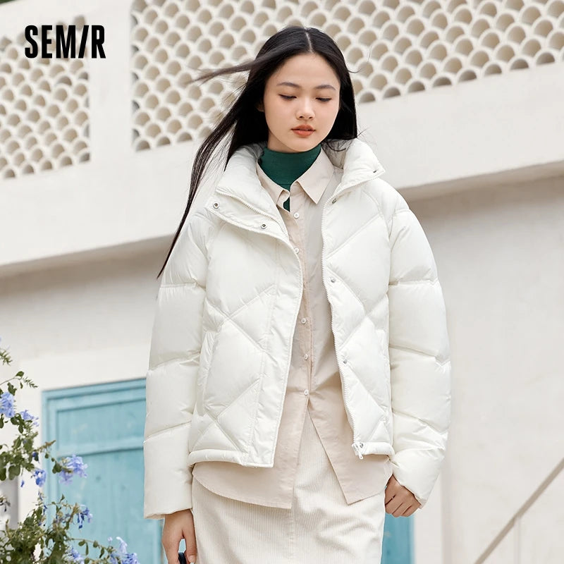 Cotton Clothing Women Loose Stand Collar Simple Casual Temperament Winter Gentle Waterproof Rhombus Versatile Thick Coat