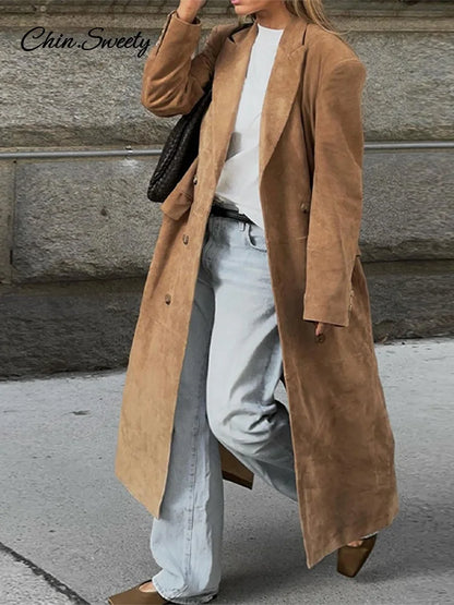 Fashion Lapel Suede Long Jacket Women Elegant Oversized Double-breasted Trench Overcoat  Autumn Lady Commute Outerwear New
