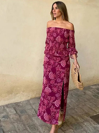 Vintage Print Top Skirt Suits Women One Shoulder Long Sleeve Waist Up Ruffled Hem Tops High Slit Skirt Vacation Beach Outfits