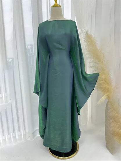 Autumn Loose Shiny Maxi Dress Women’s Butterfly Batwing Long Sleeve Muslim Clothes Party Dress Solid Female Long Dress New