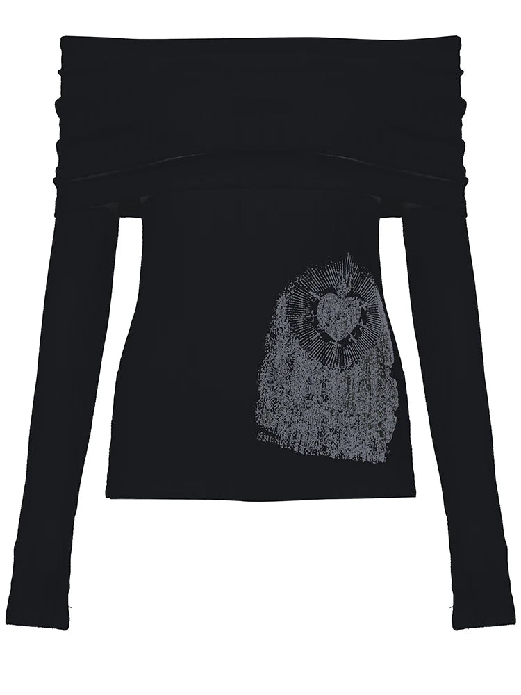 Off Shoulder Slim Long Sleeve Elegant T Shirt Women Abstract Print Korean Minimalism Style Simple Fashion Knitted Tops