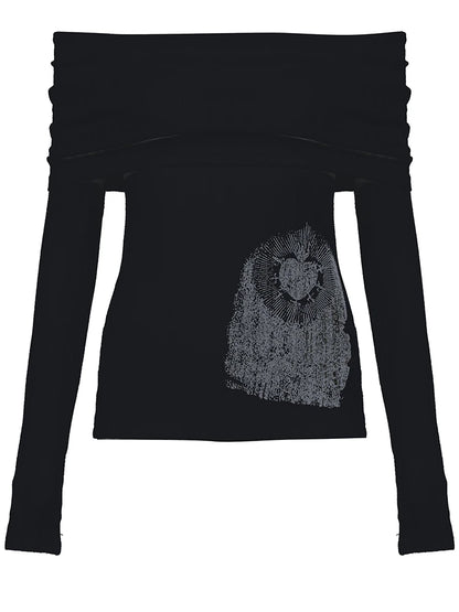 Off Shoulder Slim Long Sleeve Elegant T Shirt Women Abstract Print Korean Minimalism Style Simple Fashion Knitted Tops
