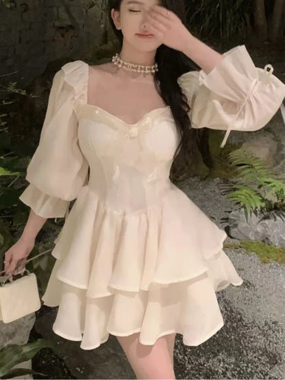Elegant Princess Party Dress Flare Sleeves Layered Ruffles A-line Short Dresses for Women Korean Fashion One Piece Vestido Mujer