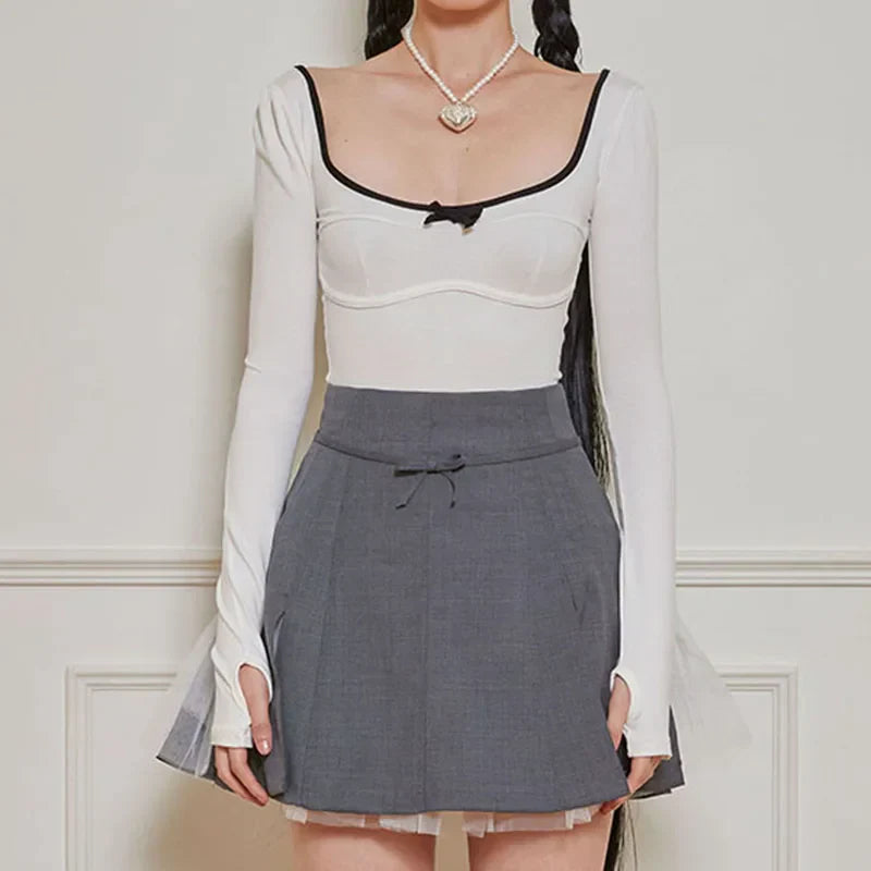 Voguable  Sweet Bow Contrast Patchwork Cropped Top Backless V-neck Slim-fit T-shirts Coquette Y2K Knitted Tees Women