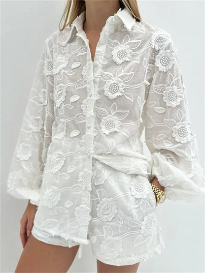 Printed See-Through Sexy Outfits Female Patchwork Cardigan Shirts And Lace-Up High Waist Shorts Sets Autumn 2 Piece-Set