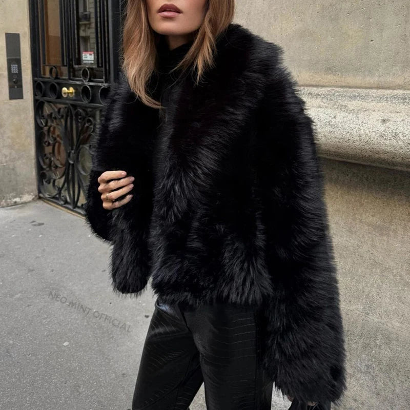 Street Fashion Shawl Collar Faux Fox Fur Coat Women  Winter Cool Girls Black Short Fur Jacket Vintage Chic Overcoat