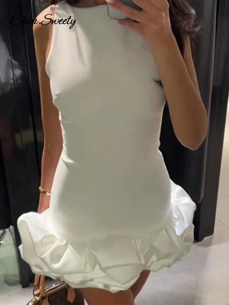Elegant Sleeveless White Short Dress Women Slim O-neck Backless Ruffles Hem Party Evening Dresses  Summer Lady Streetwear
