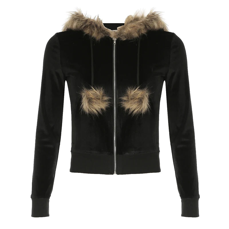 Black Velvet Faux Collar Hooded Sweats Women¡¯s Long Sleeve Causal Simple Hoodies Autumn High Fashion Clothes