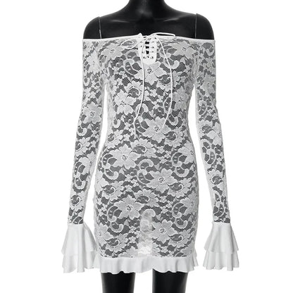 Long Sleeve Streetwear White Lace Dress For Women Slash Neck Outfits See Through Fashions Vestidos Elegantes Para Mujer Ruffles