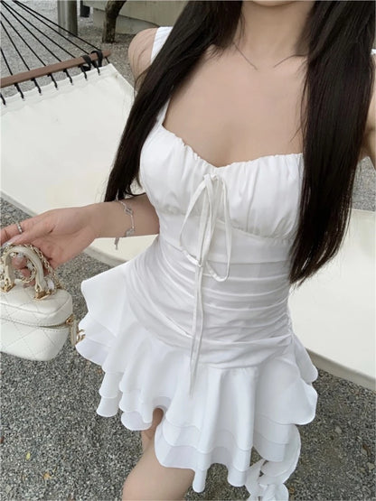 Summer New Holiday Beach Style Short Dresses for Women Spaghetti Strap Ruffles A-line Birthday Party Dress Korean Chic Vestidos