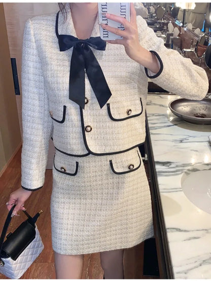 French Vintage Two-piece Skirt Set Women Autumn New Suit Single Breasted Crop Coat Bow Mini Skirt Korean Fashion Chic Outfits