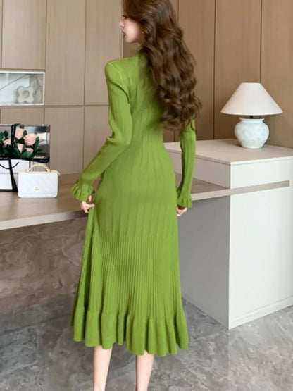 Autumn Solid Knitted Dresses for Women Single Breasted Chic Flared Sleeve Ruffles Hem Casual  Female Office Elegant Robes