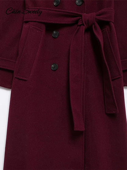 Fashion Burgundy Red Double Breasted Overcoat Women Lace Up Loose Lapel Pockets Long Sleeve Coat  New High Street Outerwear