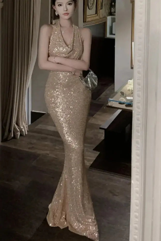 Sequined Maxi Dress with Swinging Collar