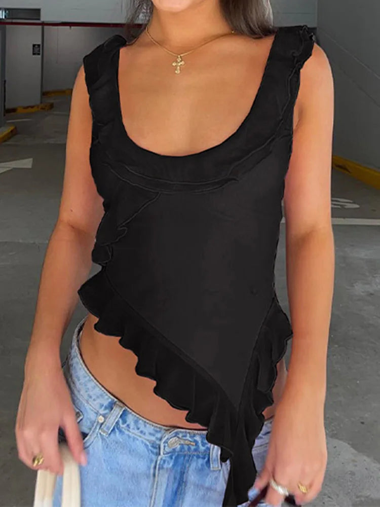 Ruffled Backless O-Neck Crop Top