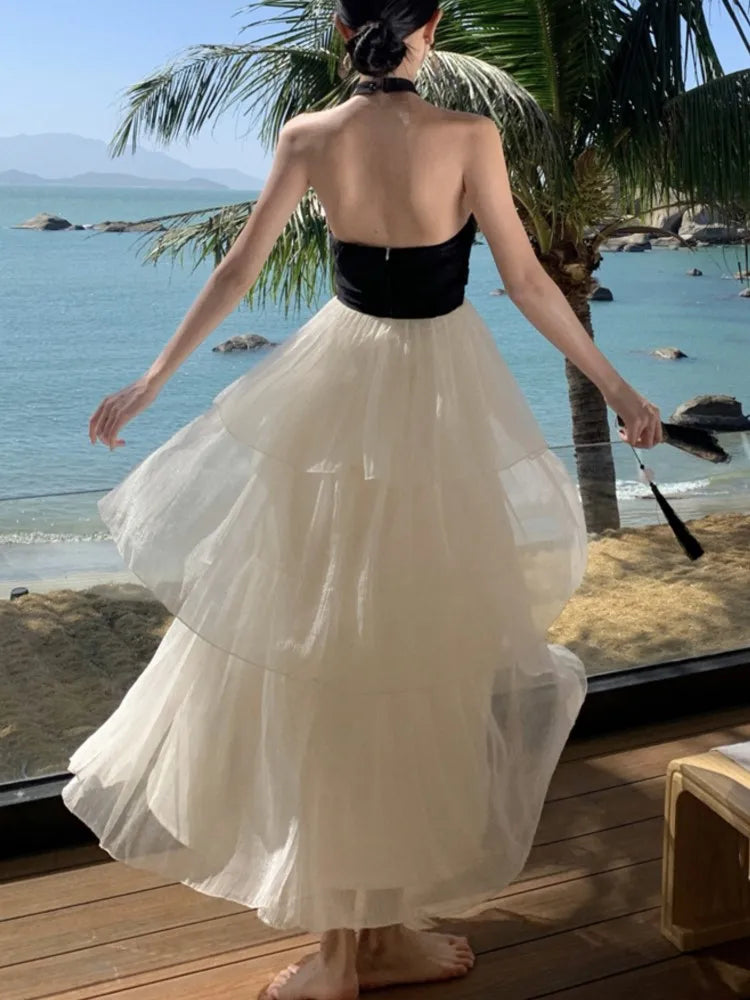 Elegant Patchwork Ruffles Cake Dresses for Women Halter Sleeveless Backless Evening Party Dress Prom A-line One Piece Vestido