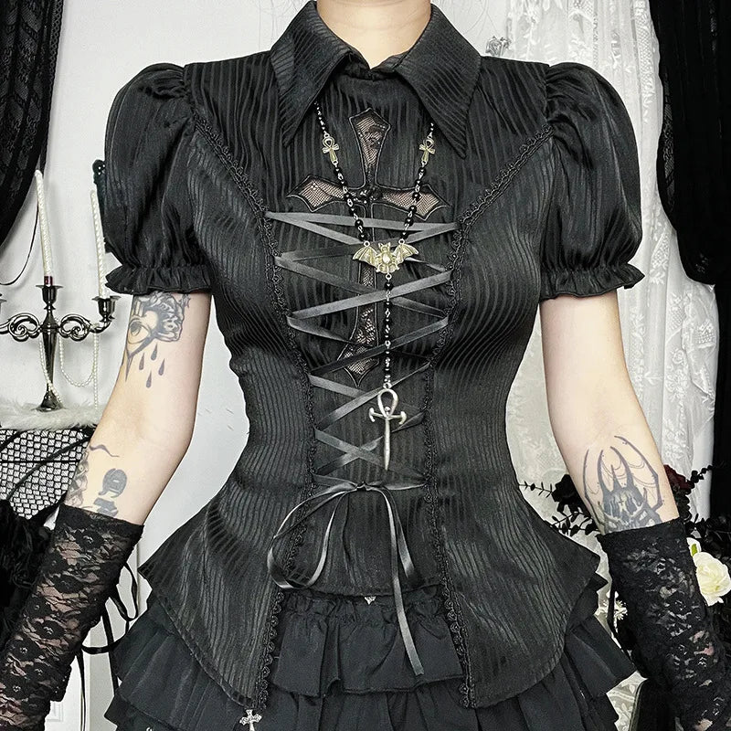 Bandage Corset Puff Sleeve Blouse