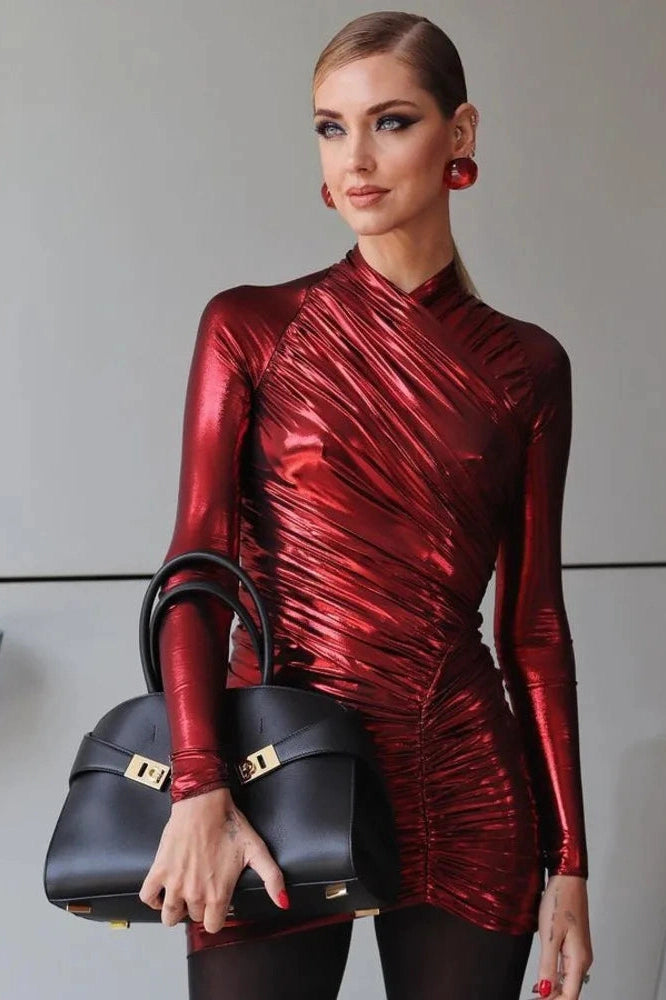Elegant Pleated Zipper Irregular Mini Dress