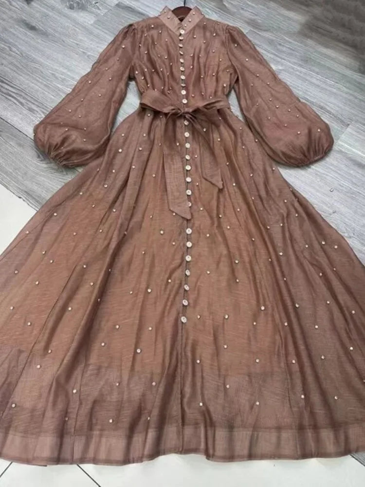 Elegant Long Dress British Style Fashion Beading Single Breasted Design Gentle Temperament Dresses Women 2025 Spring Autumn