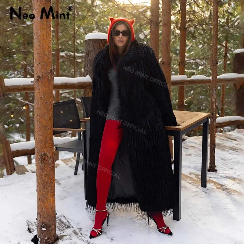 Long Eco Turkey Fur Coat Women  Winter Luxury Fashion Tassels Faux Fur Jacket Thick Warm Fluffy Outerwear Overcoat