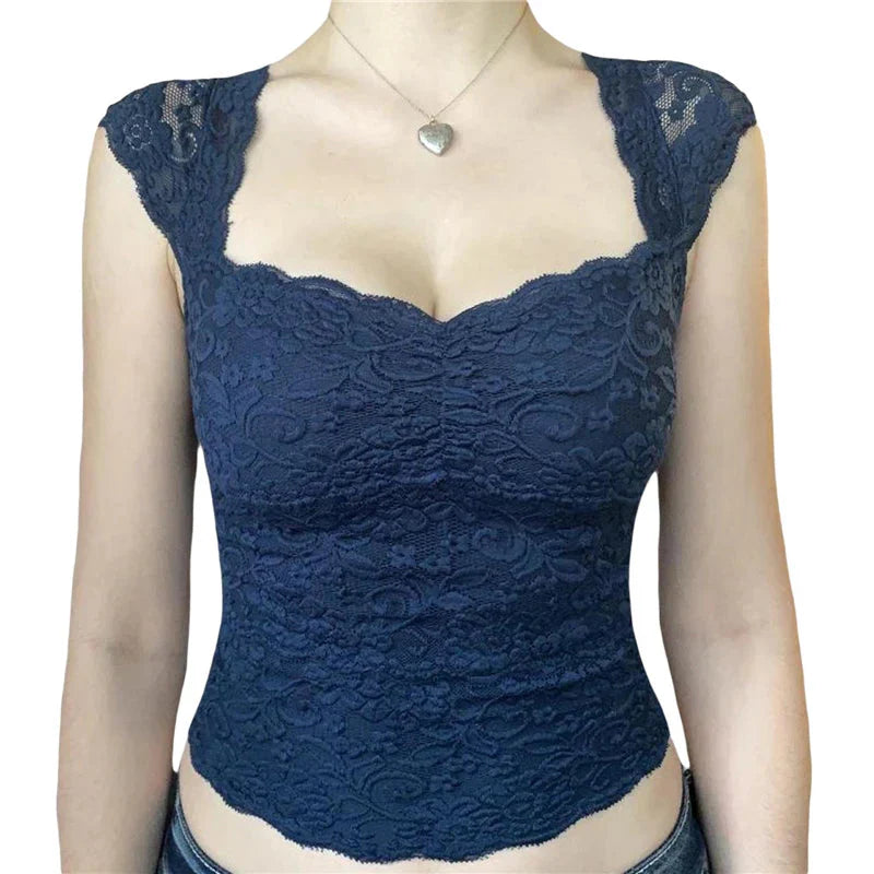 Lace Crop Top y2k Aesthetic Clothes Sweet Style V Neck Sleeveless T Shirt Tanks Kawaii E Girl Clothes Streetwear