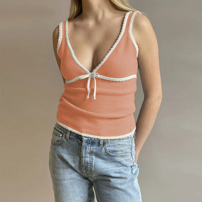 Retro Deep V Neck Crop Top Y2k Ruffle Vintage Tank Tops WoTie Up Bow Knitted Woman Backless Cute Tops New