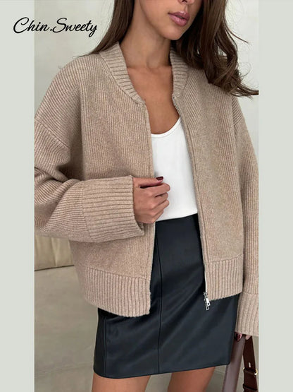 Autumn Winter Zipper O-neck Knitted Cardigans Women Solid Loose Long Sleeve Sweater Top  Fashion Lady All-matching Knitwear