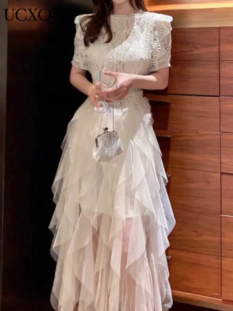 Korean Style O Neck Lace Hollow Out Patchwork Dress Elegant White Irregular Mesh Dresses Women 2025 New Spring Summer A7893