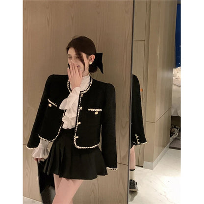 Vintage Tweed Jackets Women Elegant Black Cropped Suit Coat Korean Thicken Blazer Single Breasted Short Outerwear Tops New