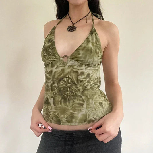 Voguable  Vintage Tie Dye Print Halter Top Fairycore Grunge Slim-fitting Camisole Y2K Streetwear Chic Elegant Tops