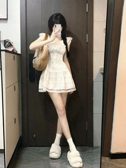 Voguable Y2k Coquette White Lolita Sweet White Kwaii Cute Mini Dress Lace Bow Princess Slip Lace Short Dresses Fashion