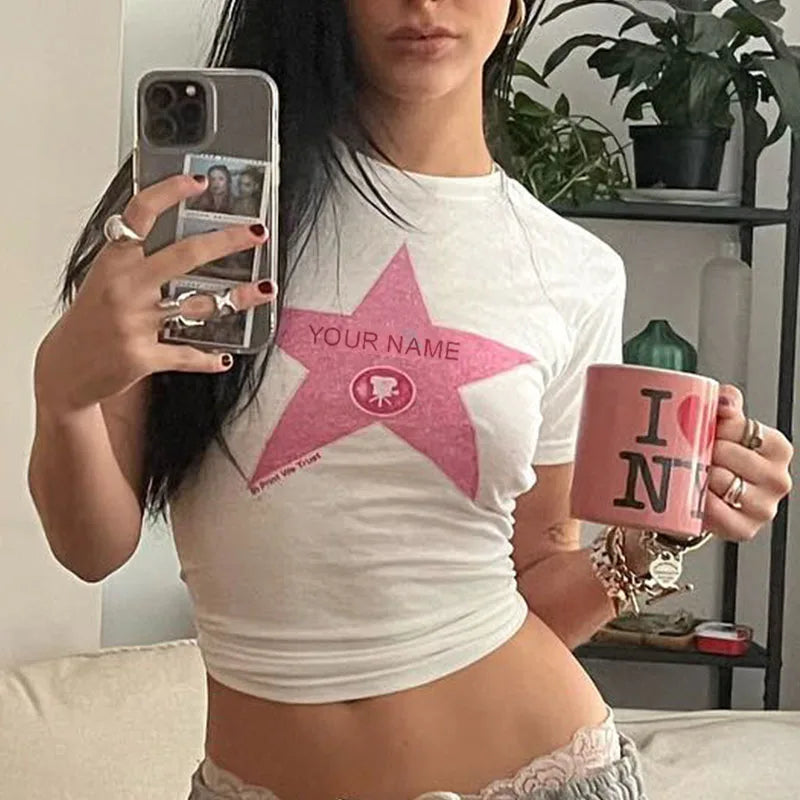 New printed T-shirt, fashionable casual short sleeved top, Y2K summer sexy electronic girl T-shirt, women’s clothing