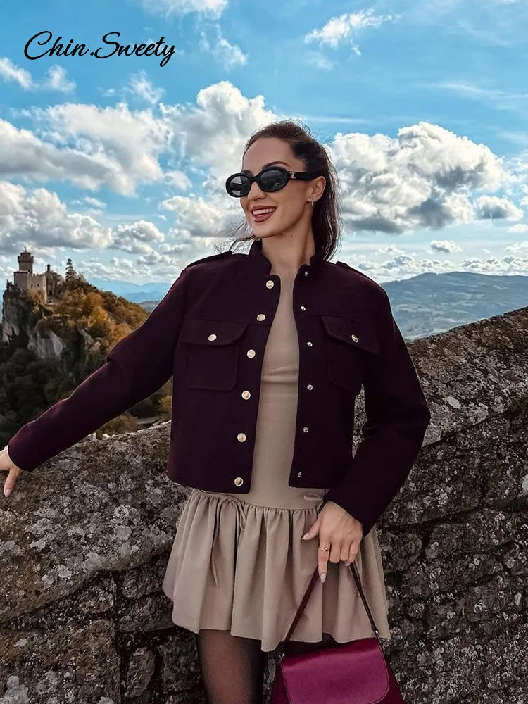 Burgundy Color Woolen Jacket For Women Stand Collar Single Breasted Pocket Thick Short Coat  Autumn Lady Commute Outwear New