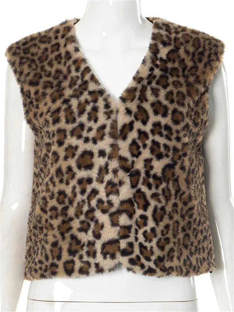Leopard Printed V-Neck Vestidos Coat Female Contrast Printed Streetwear Cropped Top Loose Autumn Commute Outwear Cardigan