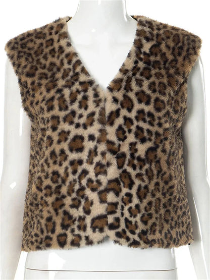 Leopard Printed V-Neck Vestidos Coat Female Contrast Printed Streetwear Cropped Top Loose Autumn Commute Outwear Cardigan